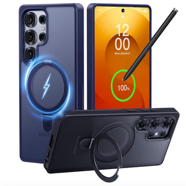 CASEKOO 3-in-1 Magnetic Ring Stand Case for Samsung Galaxy S25 Ultra | Patented Design, 16FT Military Drop Protection, Slim Matte Translucent Cover, Magsafe Compatible, Blue