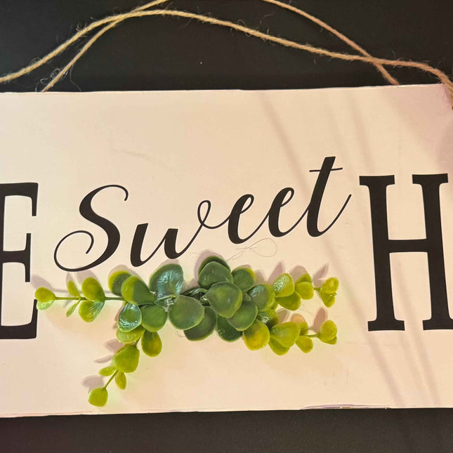 Greenbrier Rustic White Wooden Home Sweet Home Decor Sign with Green Leaf - 23.5'' x 6'' Rustic Home Decor Sign