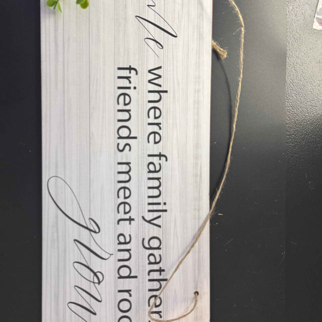 Greenbrier Rustic Wooden Gray Rustic Home Decor Sign - "Home where family gathers, friends meet and roots grow" 23.5" x 6"