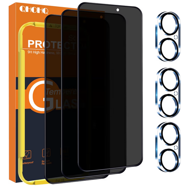 QHOHQ for iPhone 16 Privacy Screen Protector + Camera Lens Protector, [Military Grade Shatterproof], Top 9H+ Anti Spy Glass, Full Edge Coverage, Ultra Durable, with Easy Installation Tool [3+3 Pack]